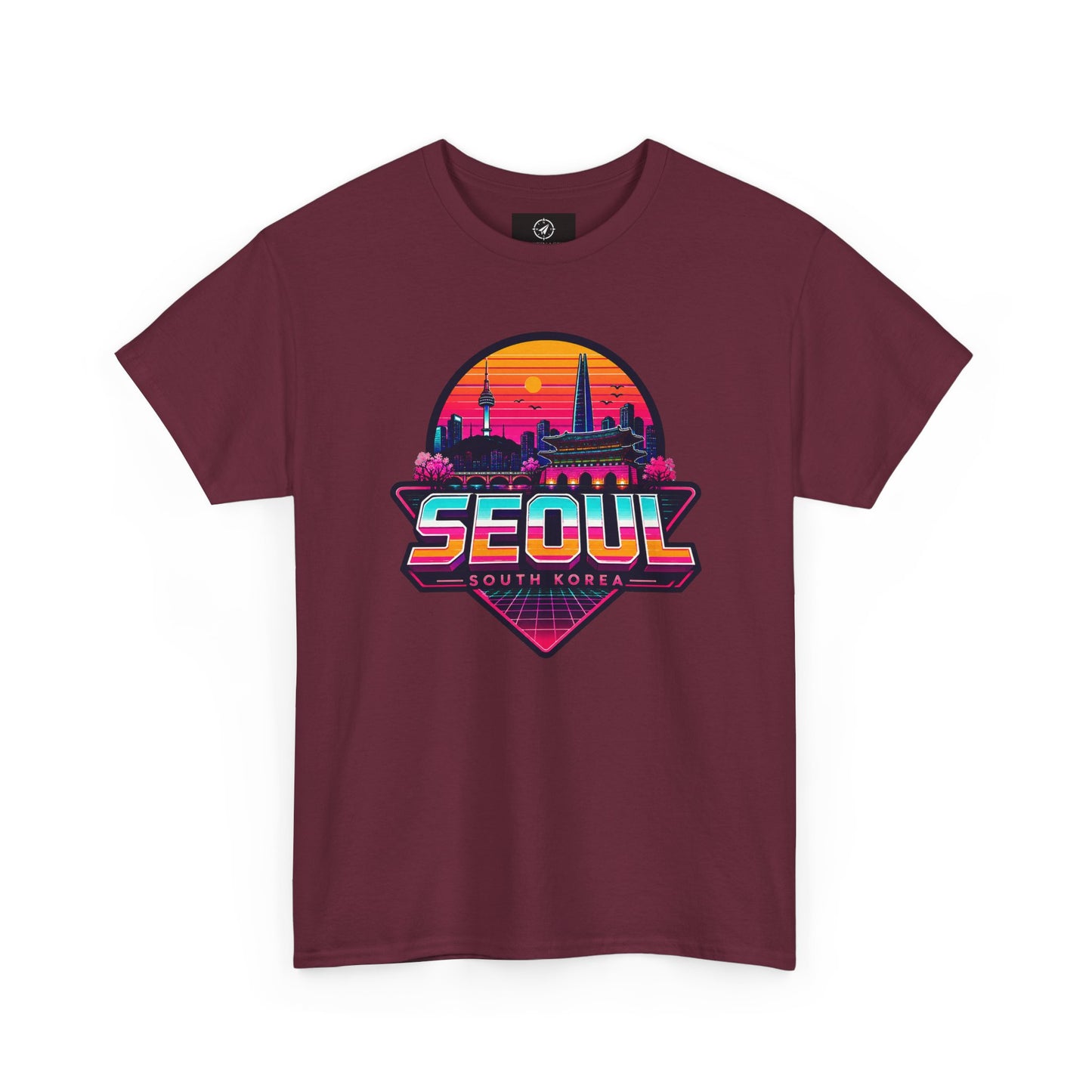 Maroon Seoul retro city T-shirt with colorful sunset skyline logo on front