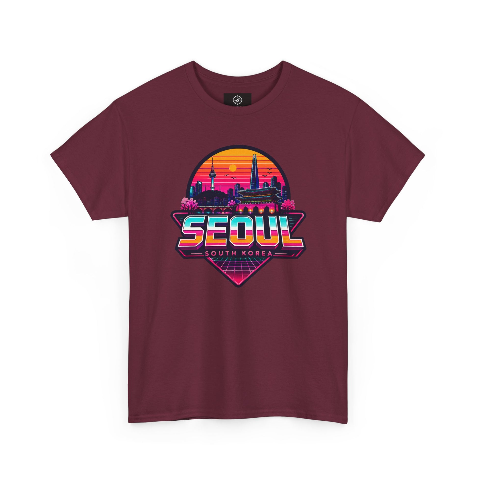 Maroon Seoul retro city T-shirt with colorful sunset skyline logo on front