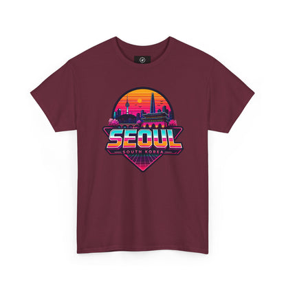 Maroon Seoul retro city T-shirt with colorful sunset skyline logo on front