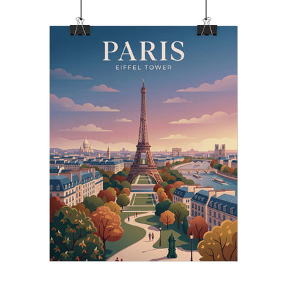 Paris Eiffel Tower poster with cityscape, hanging on two metal clips