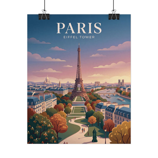 Paris Eiffel Tower poster with cityscape, hanging on two metal clips
