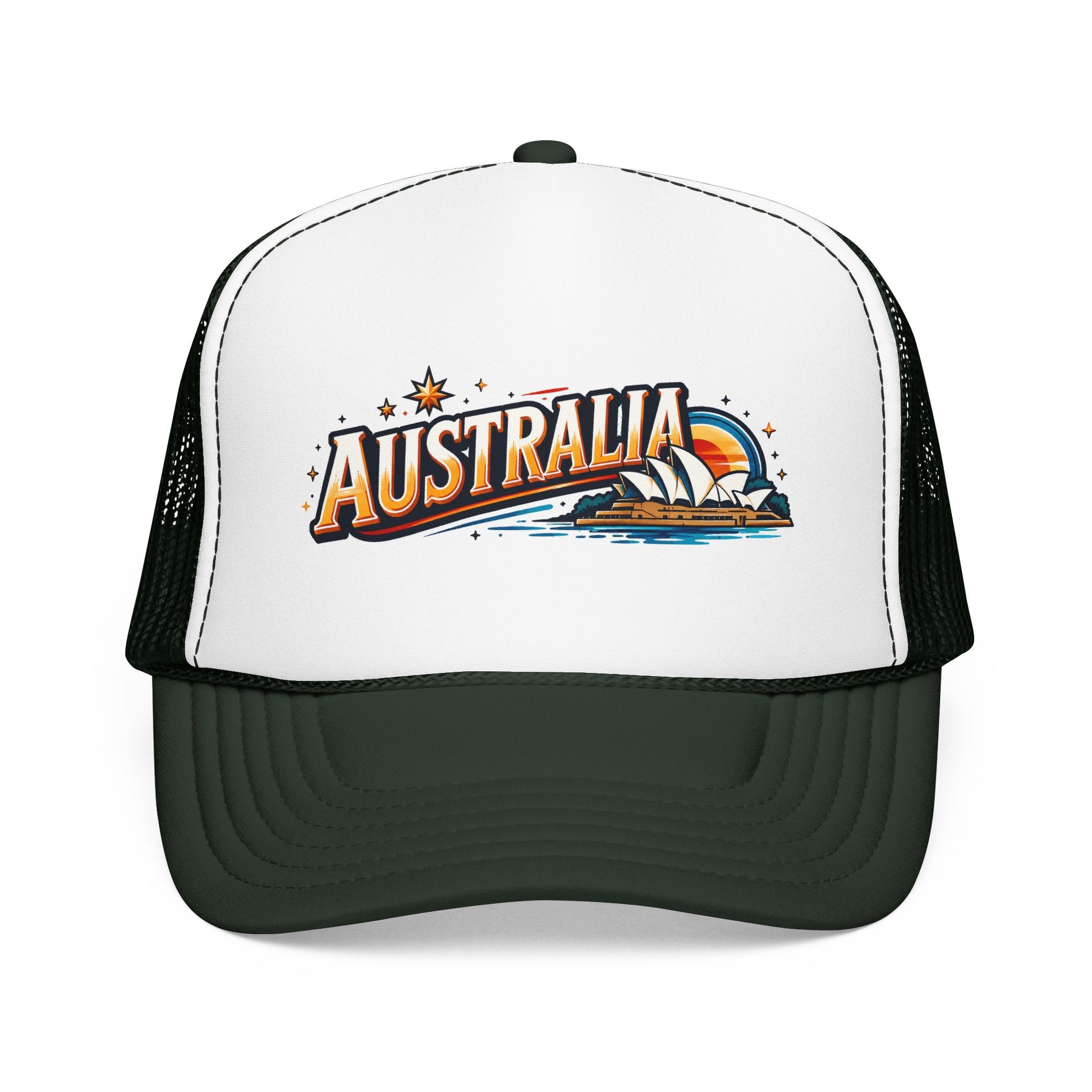 White front panel dark-green trucker cap with Australia graphic and curved brim