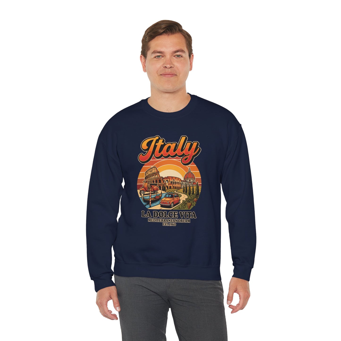 Navy crewneck sweatshirt with multicolor “Italy La Dolce Vita” graphic on front