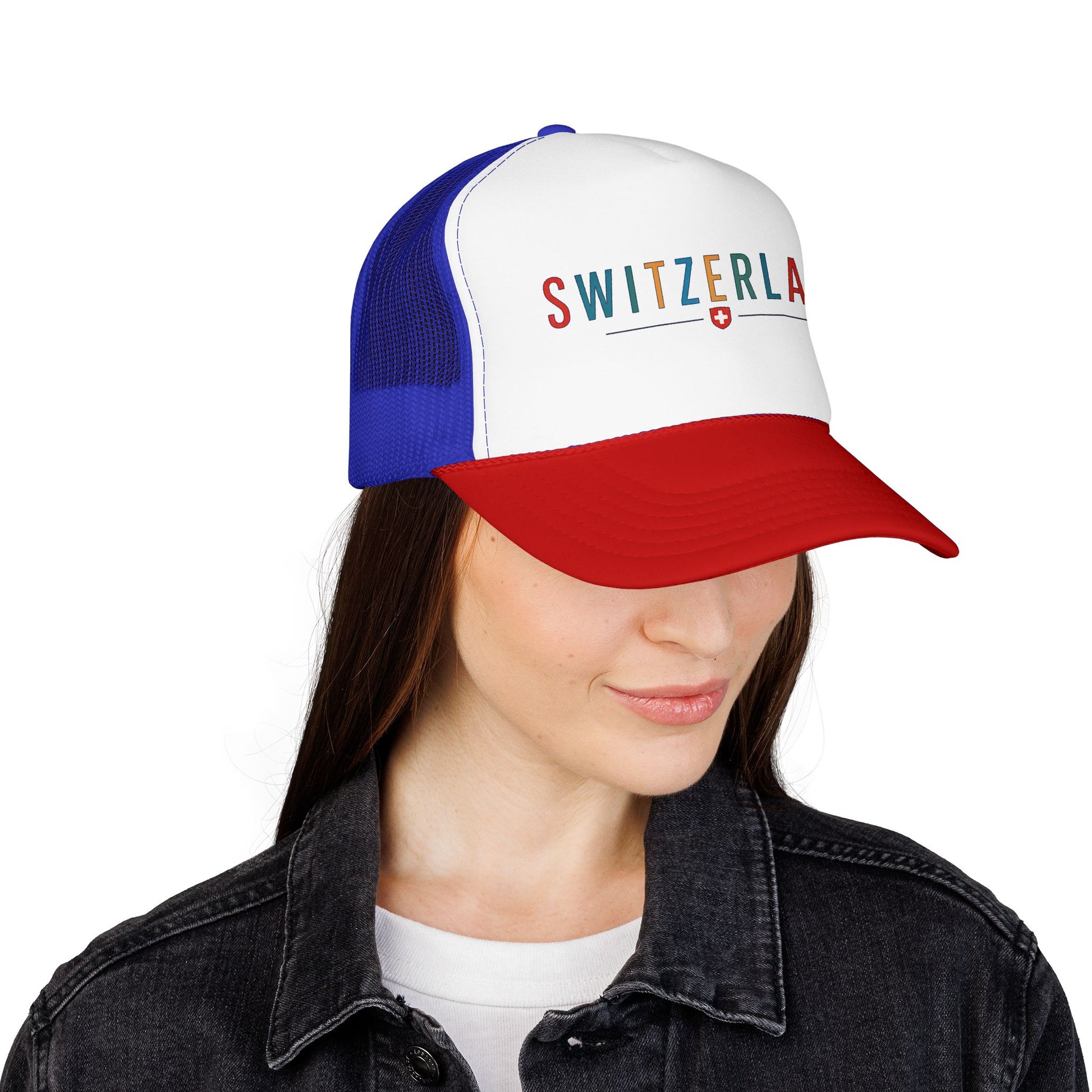 Blue and white foam trucker cap with red brim and 'SWITZERLAND' logo