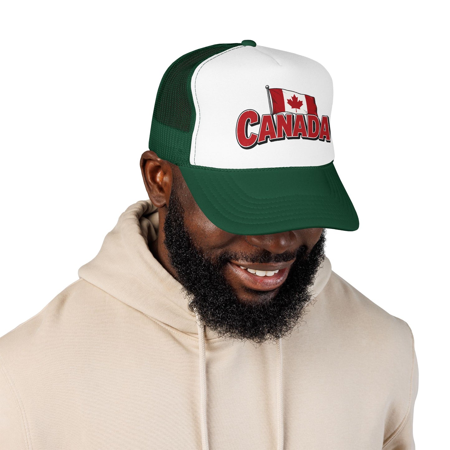 Canada flag trucker hat with dark green brim, white front, dark green mesh, Canada crest logo