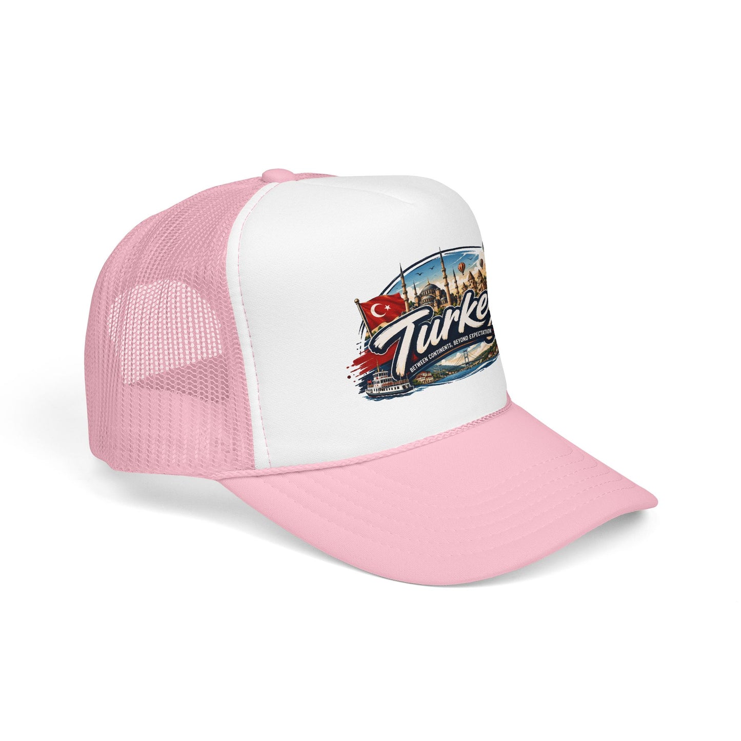 Turkey travel trucker hat with white front panel and light pink mesh sides