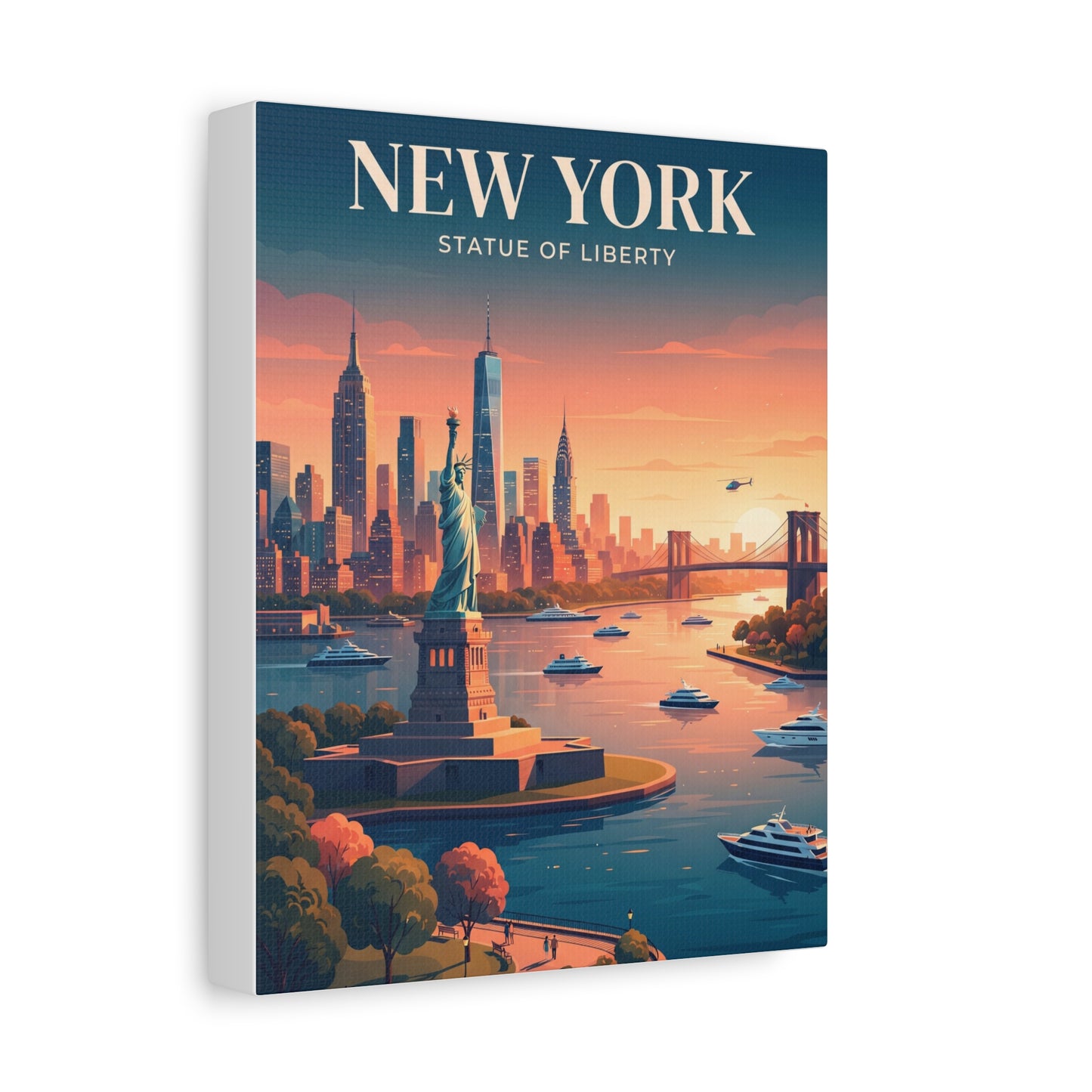 Canvas wall art with Statue of Liberty monument and city skyline over a sunset harbor