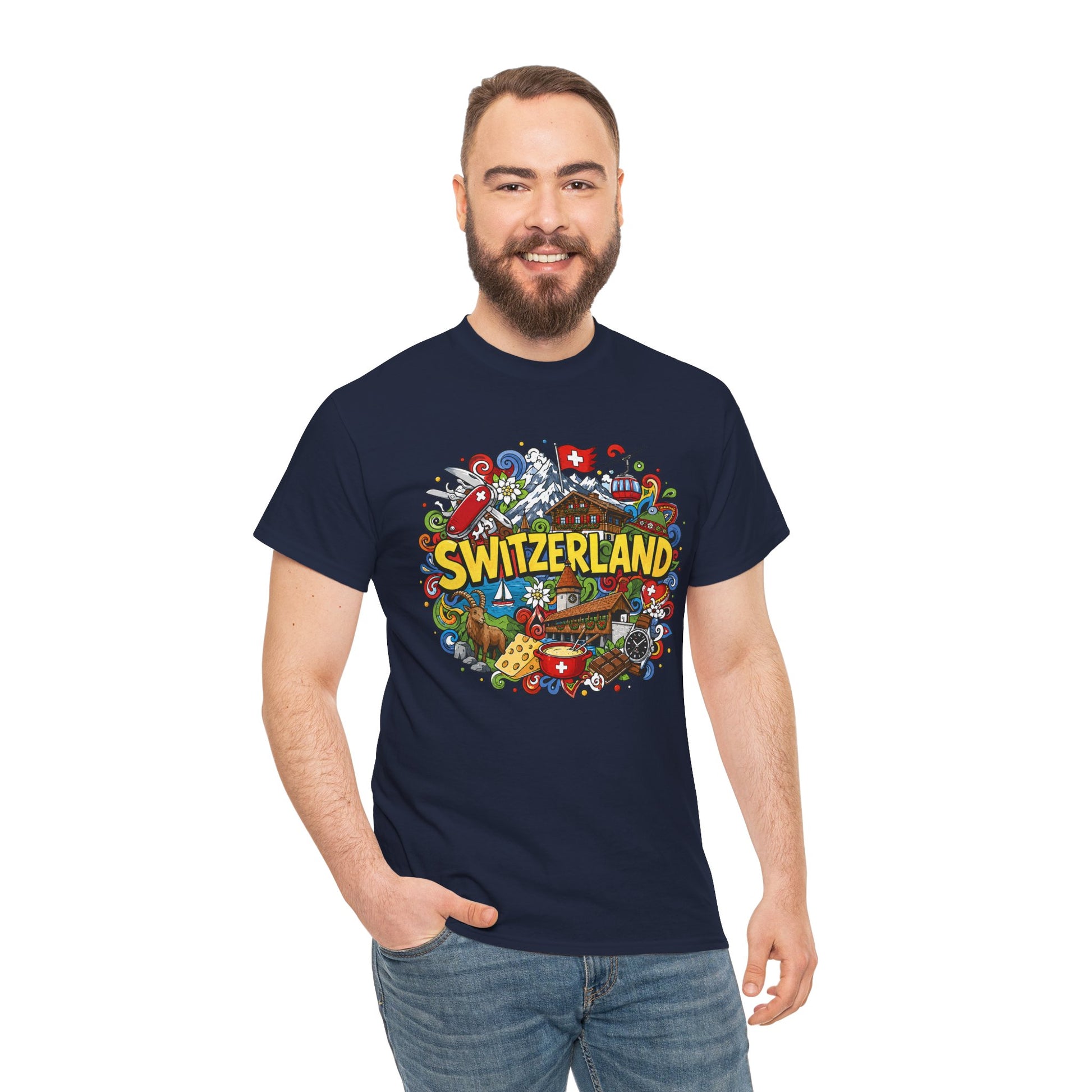 Navy travel t-shirt with colorful Switzerland-themed front graphic