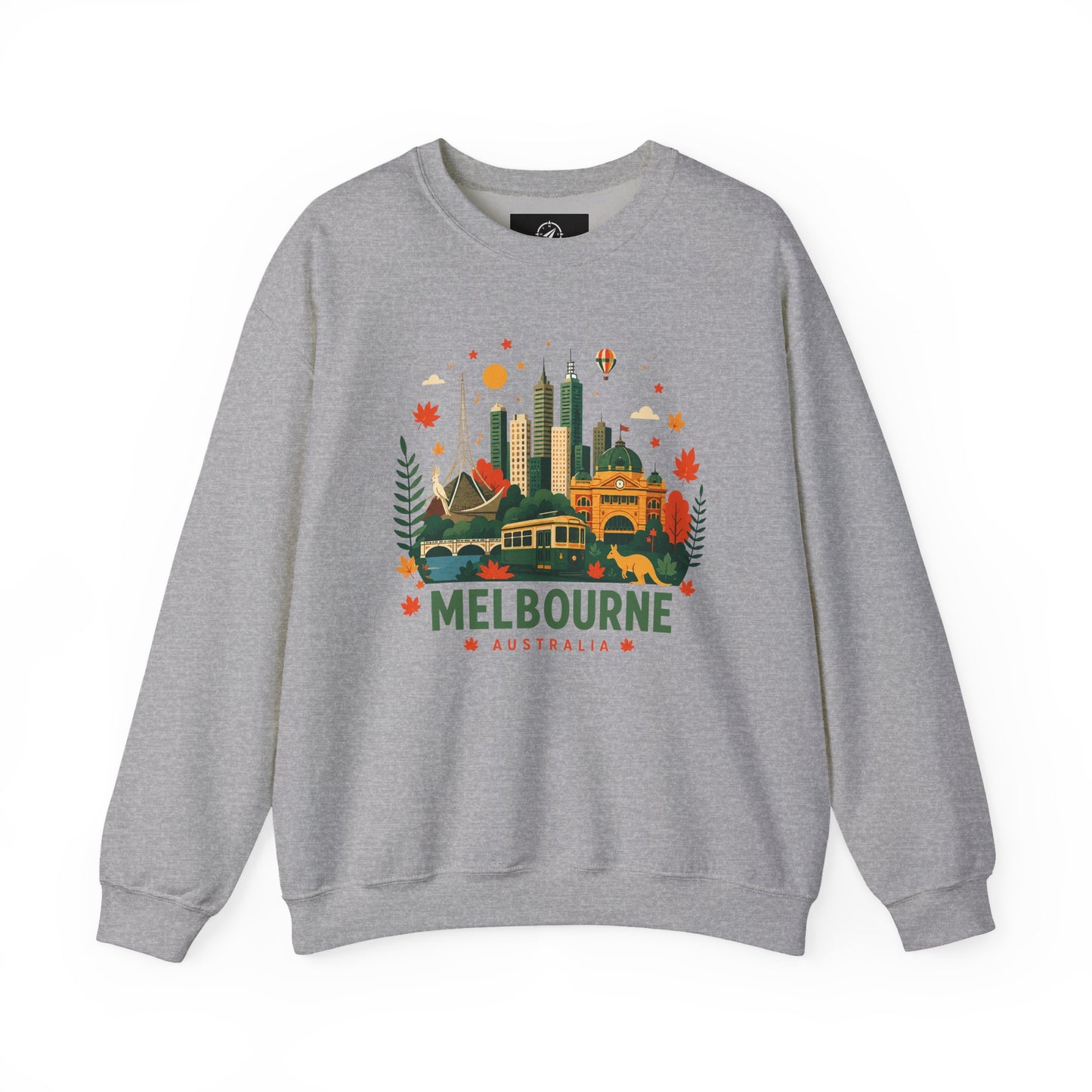 Melbourne cityscape sweatshirt, sport grey crewneck with colorful Melbourne graphic on front