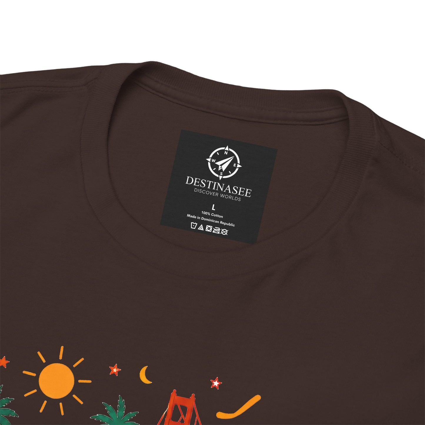 Dark brown T-shirt with small neck label tag and partial colorful chest graphic