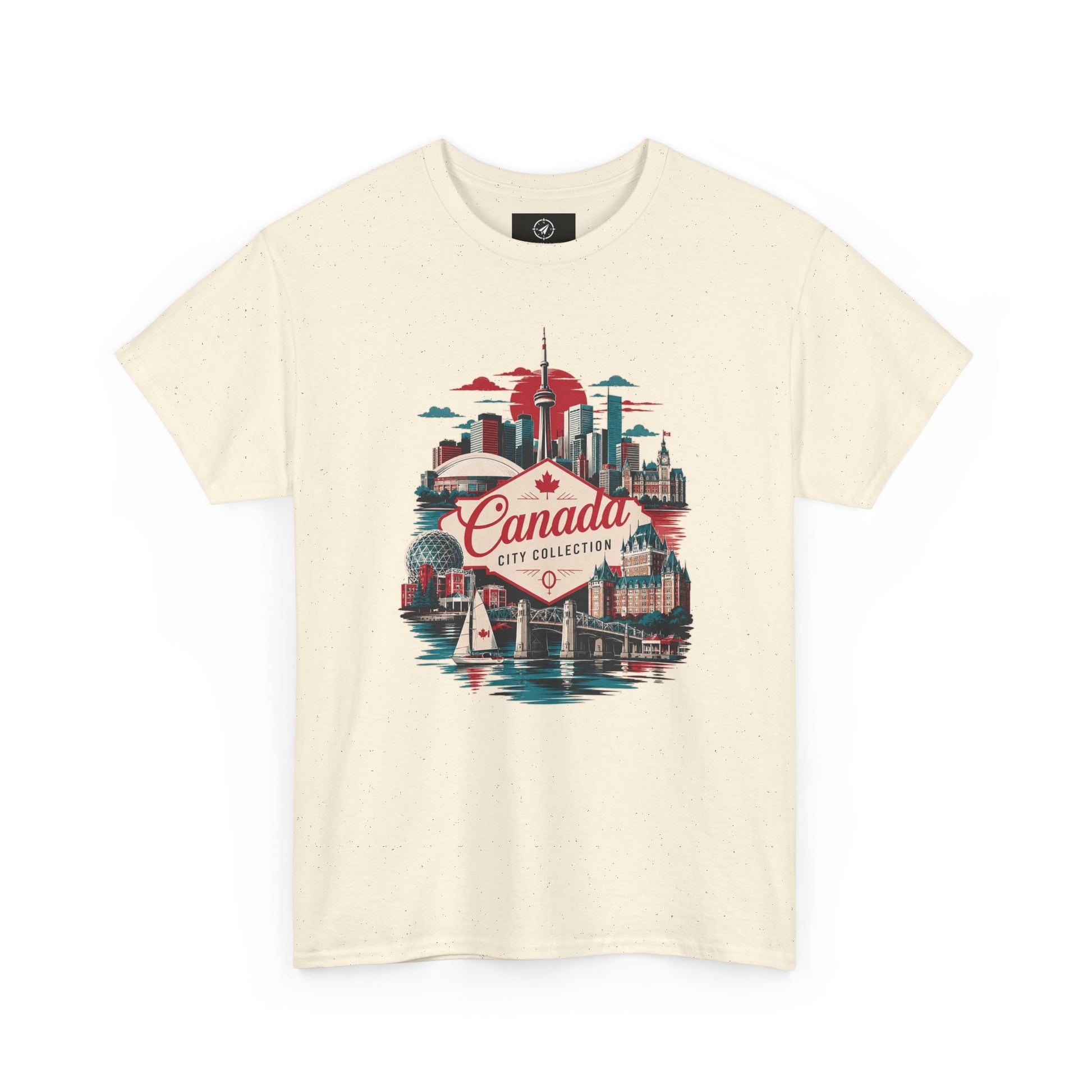 Cream crewneck T-shirt with Canada city skyline graphic in red, teal, and navy