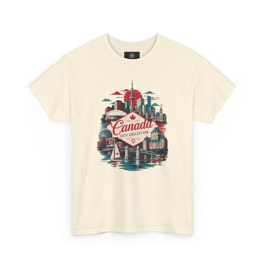 Cream crewneck T-shirt with Canada city skyline graphic in red, teal, and navy