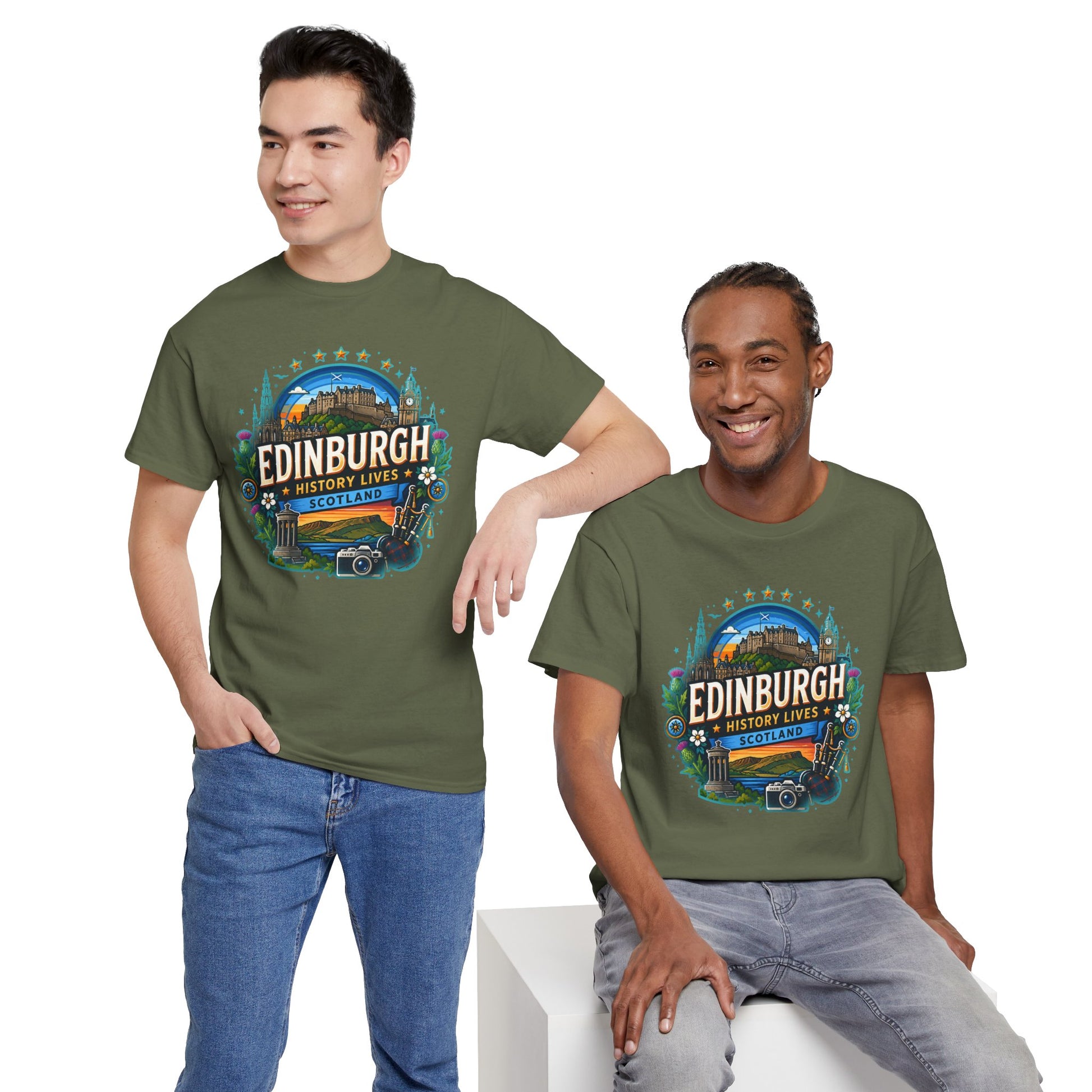 Forest green crew-neck T-shirt with "Edinburgh" colorful front graphic