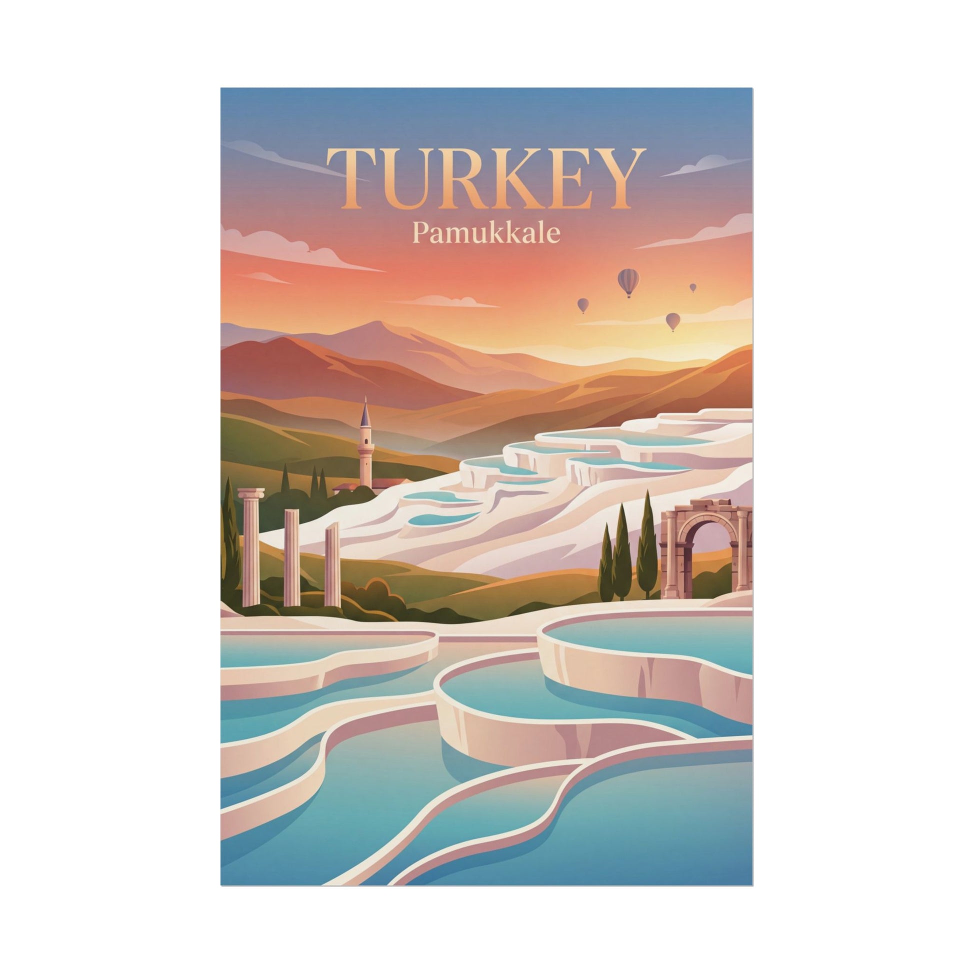 Vertical travel poster showing “TURKEY” and “Pamukkale” over terraces, arch, and balloons