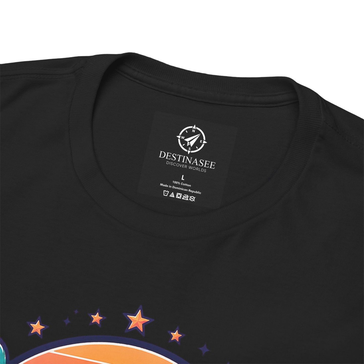 Black crewneck T-shirt close-up with neck label and partial front stars graphic