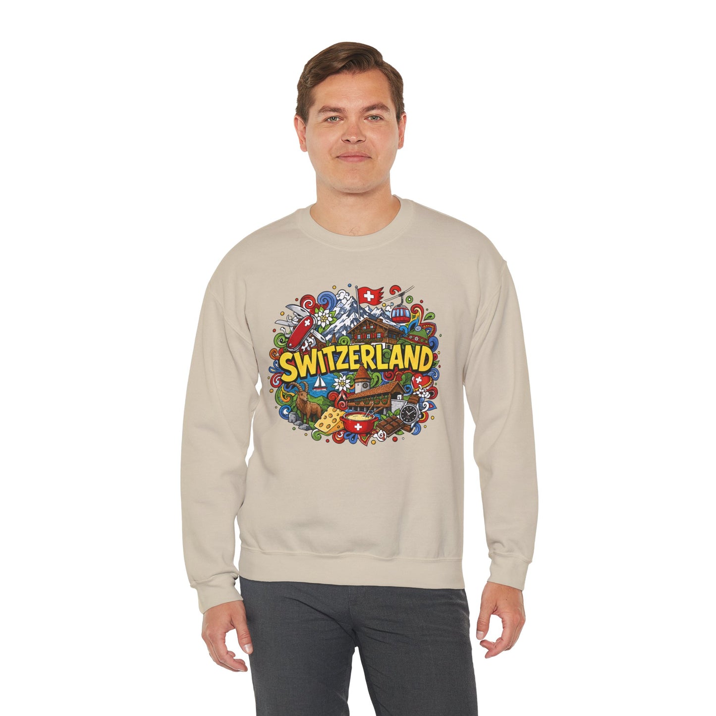 Light sand crewneck sweatshirt with colorful Switzerland graphic on the front