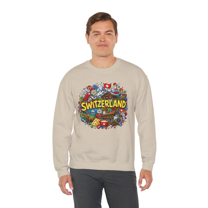 Light sand crewneck sweatshirt with colorful Switzerland graphic on the front
