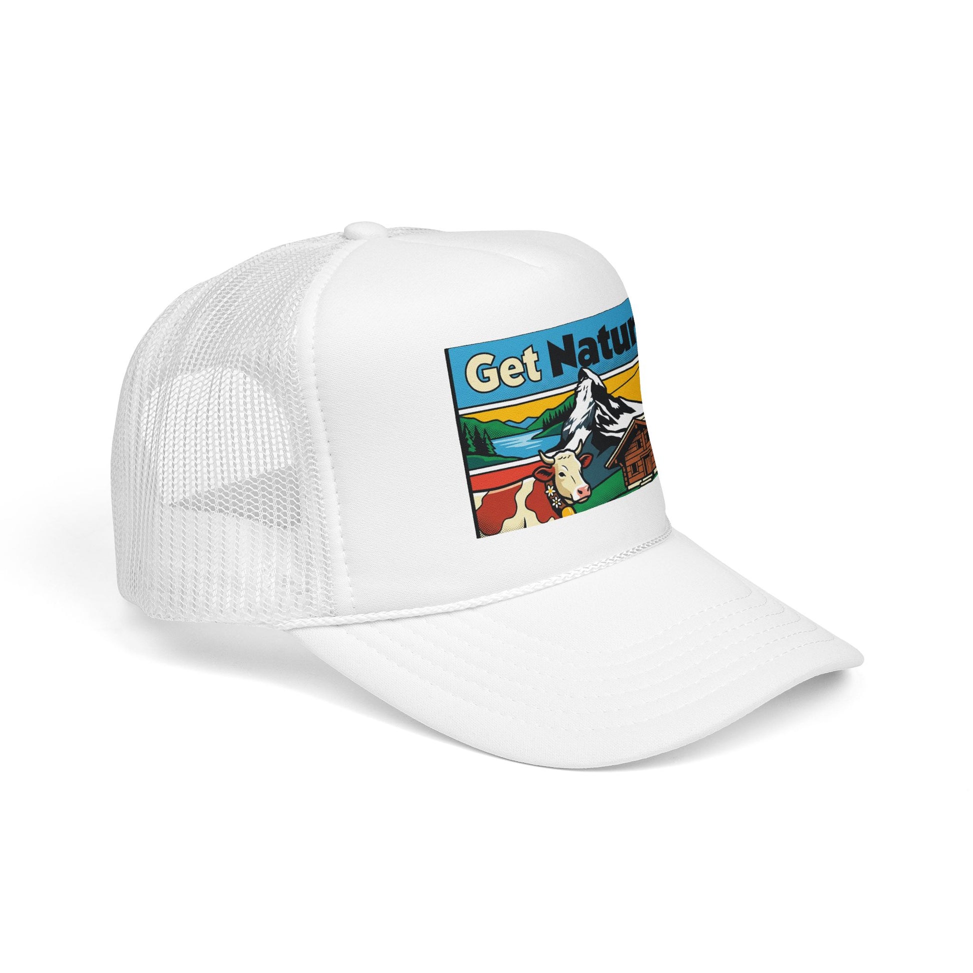 White trucker hat with mesh back and Get Natural logo patch