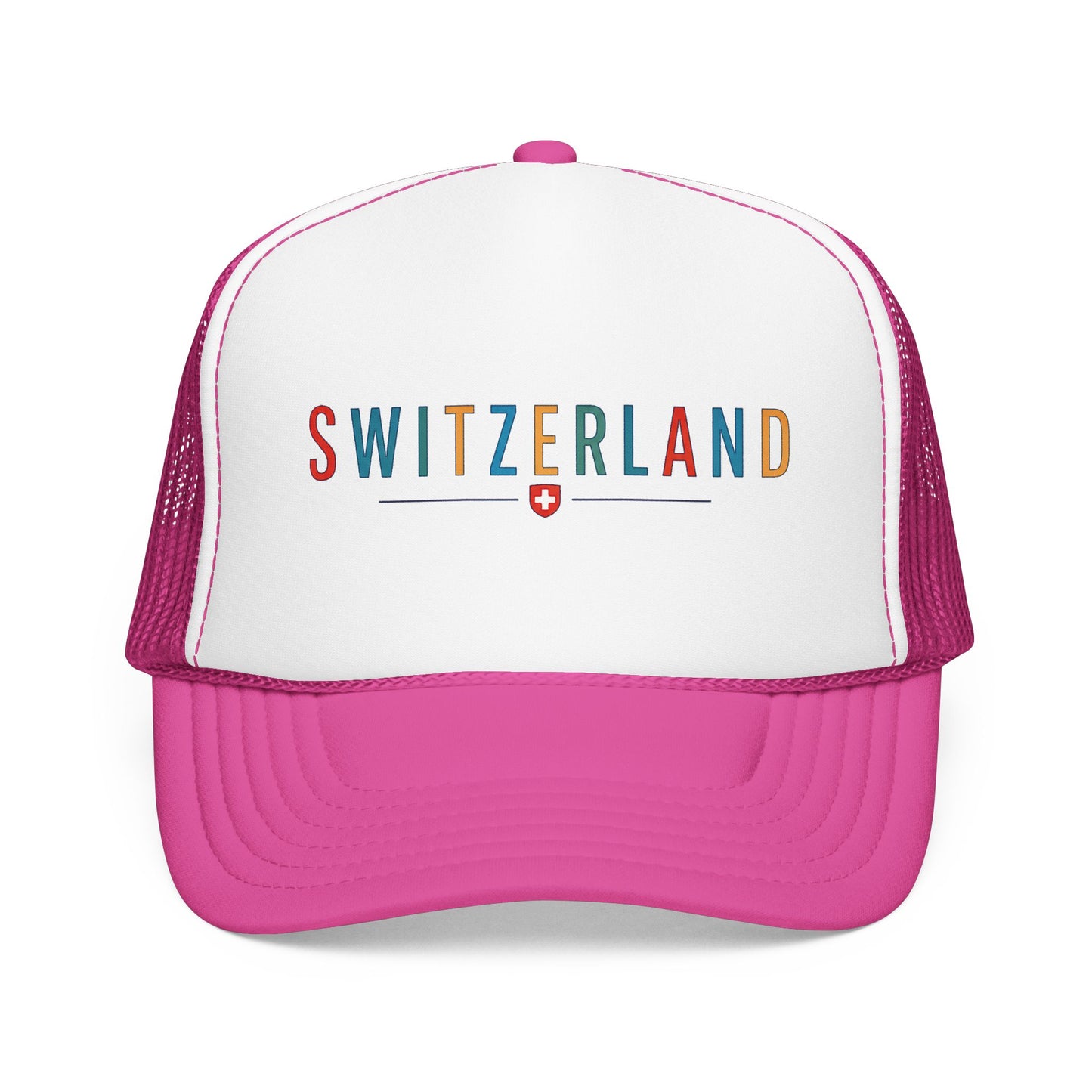 Foam trucker cap with Switzerland logo, white front, hot pink visor, pink mesh back