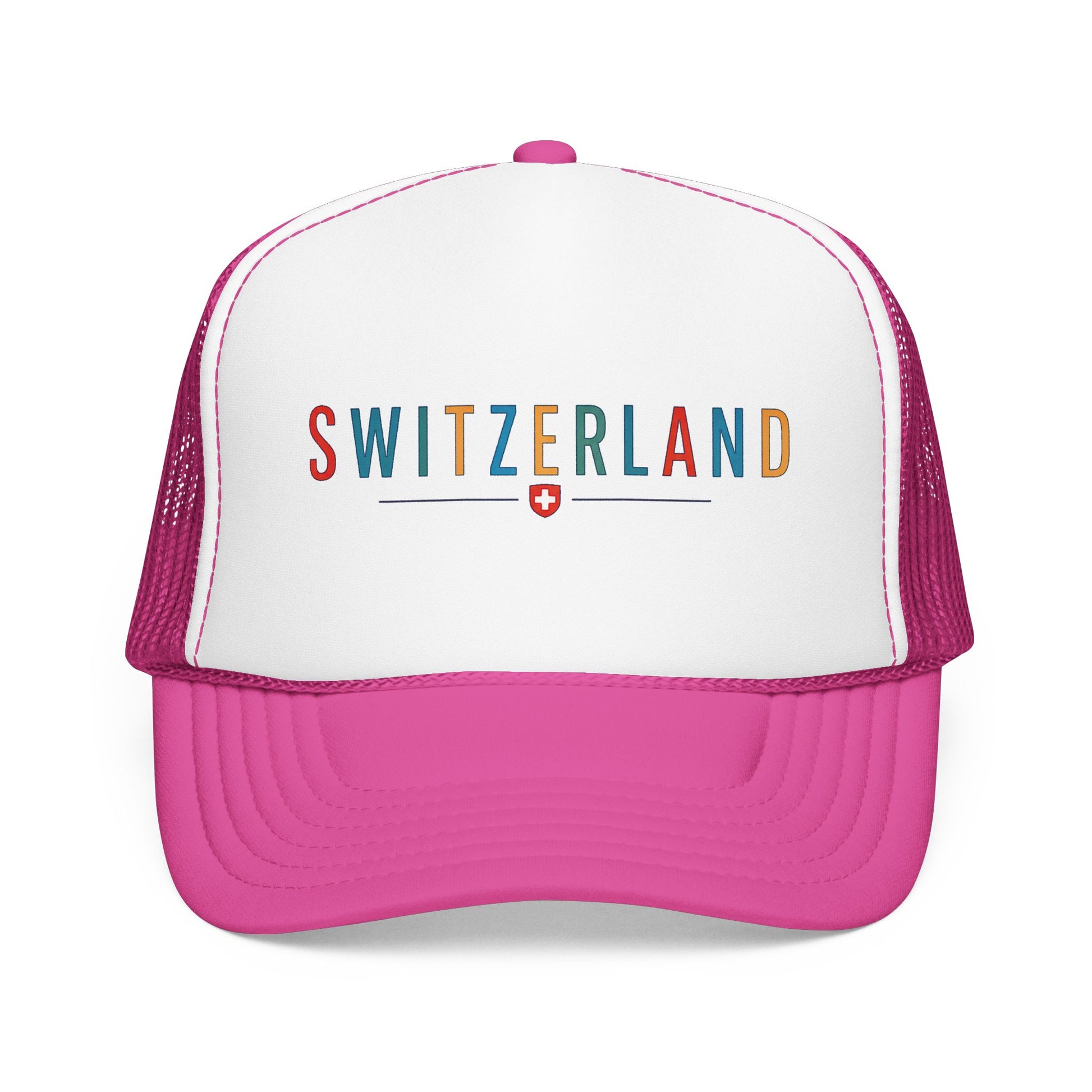 Foam trucker cap with Switzerland logo, white front, hot pink visor, pink mesh back