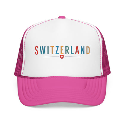 Foam trucker cap with Switzerland logo, white front, hot pink visor, pink mesh back