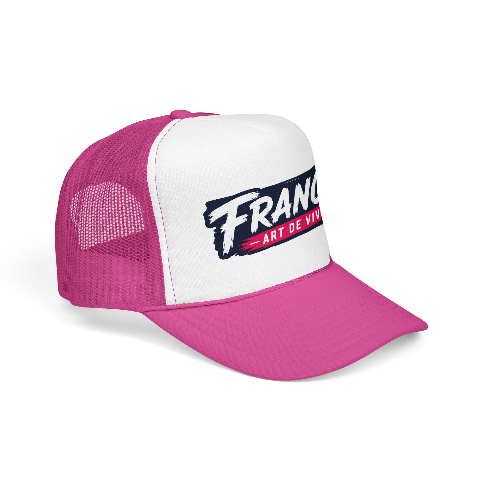 White and magenta trucker hat with mesh sides and “FRANCE Art de Vivre” front print