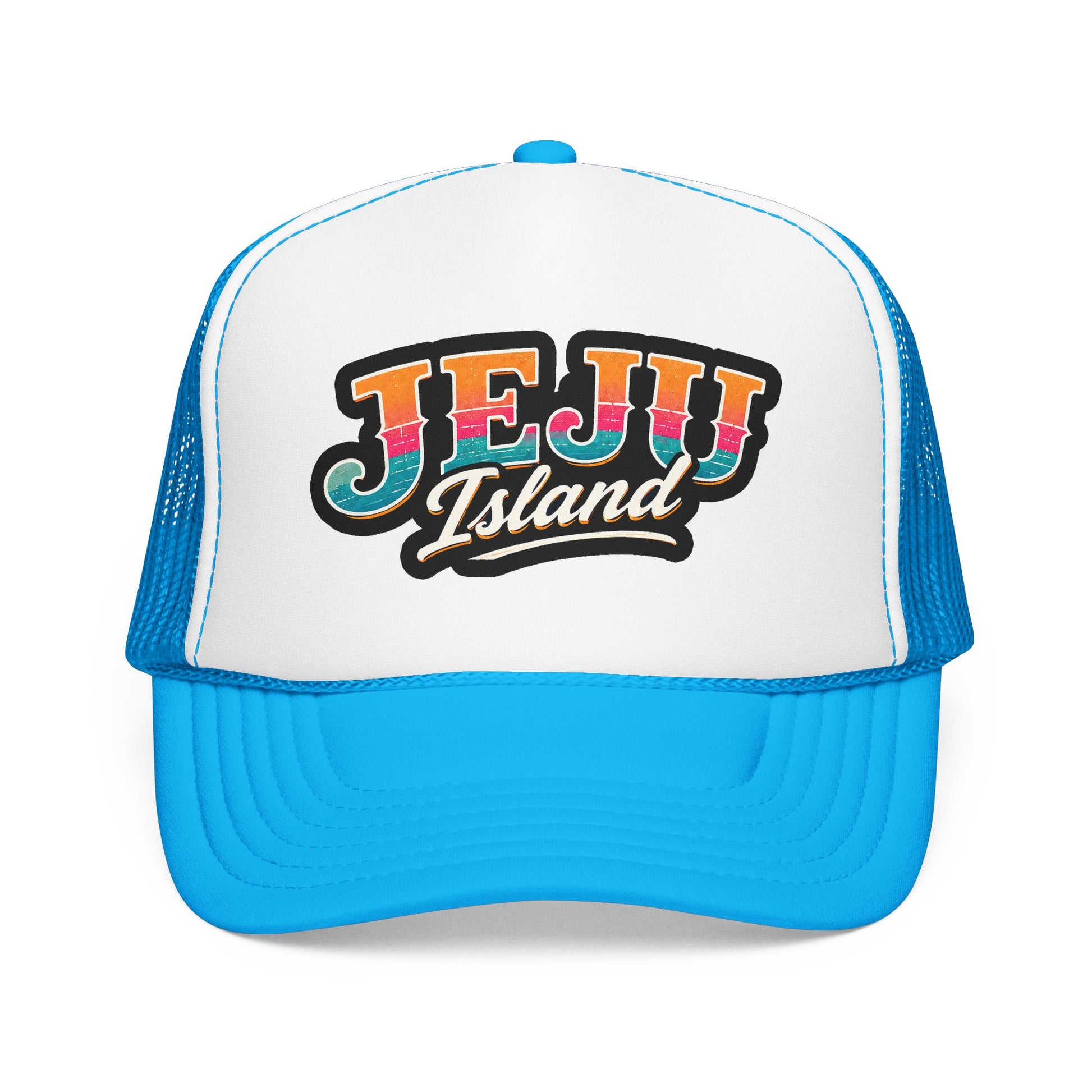 White and light blue foam trucker hat with front “JEJU Island” logo patch