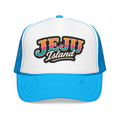 White and light blue foam trucker hat with front “JEJU Island” logo patch
