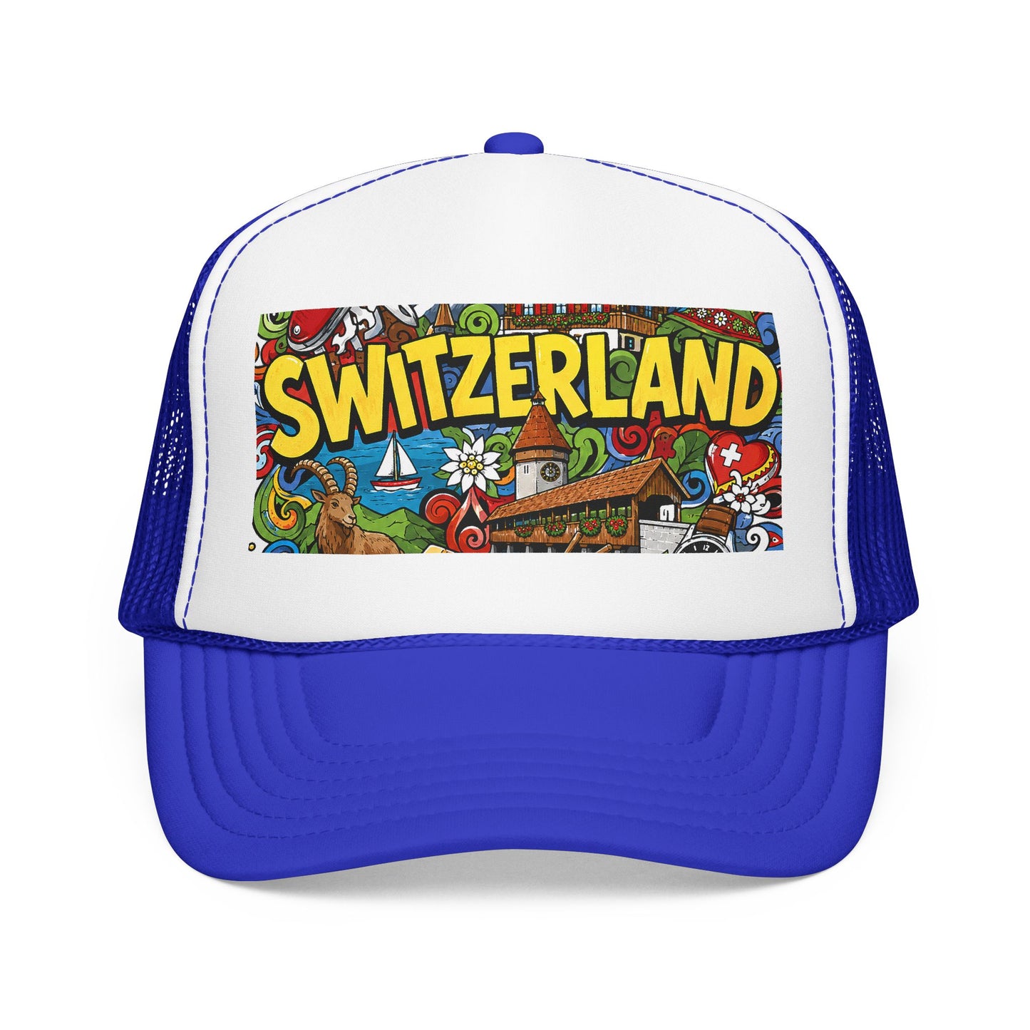 White-and-royal blue trucker hat with colorful “SWITZERLAND” doodle graphic front panel.