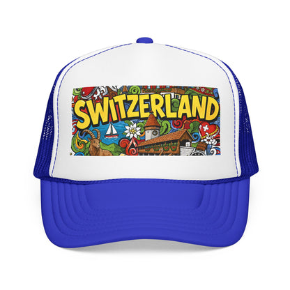 White-and-royal blue trucker hat with colorful “SWITZERLAND” doodle graphic front panel.