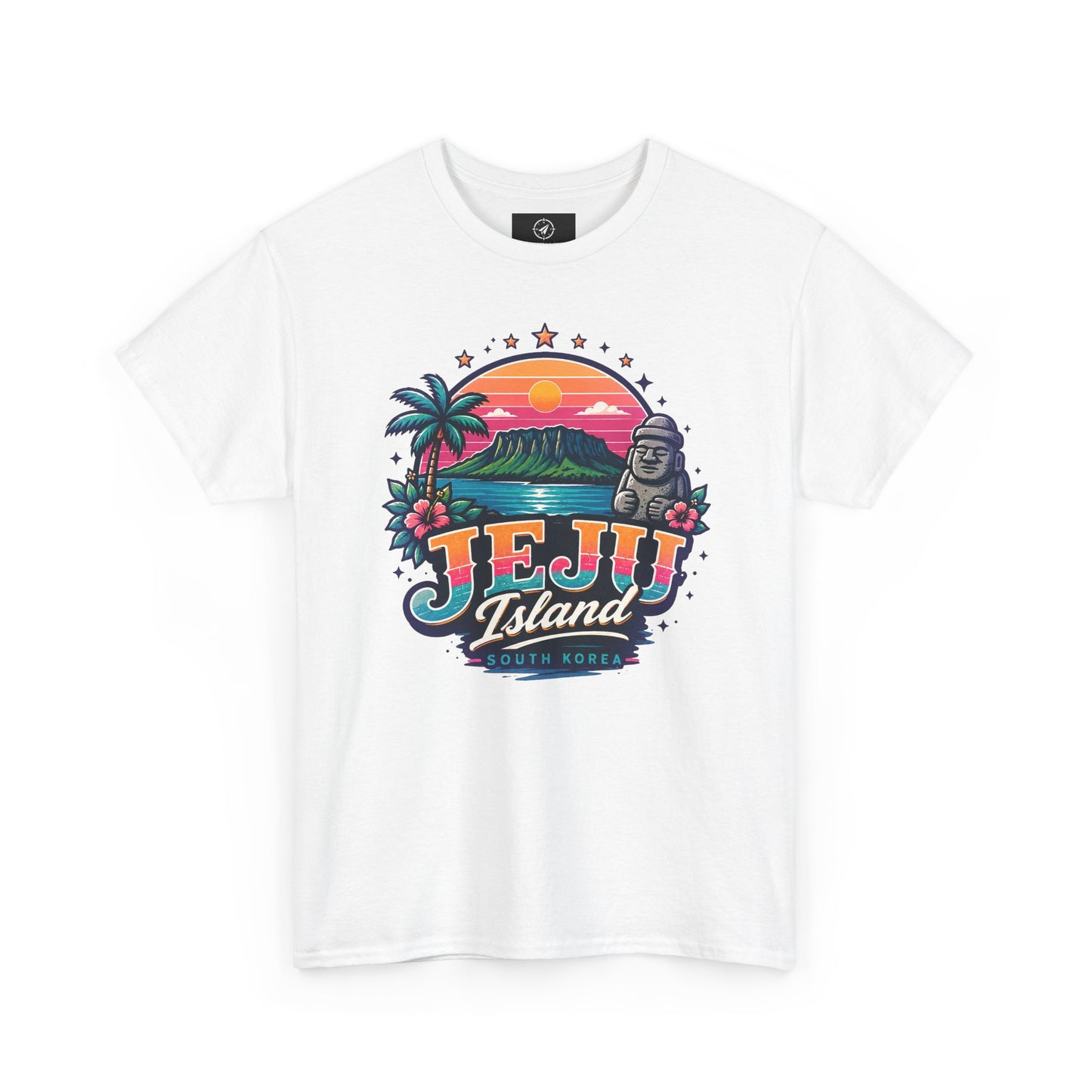 White crew-neck t-shirt with colorful 'JEJU Island' front graphic