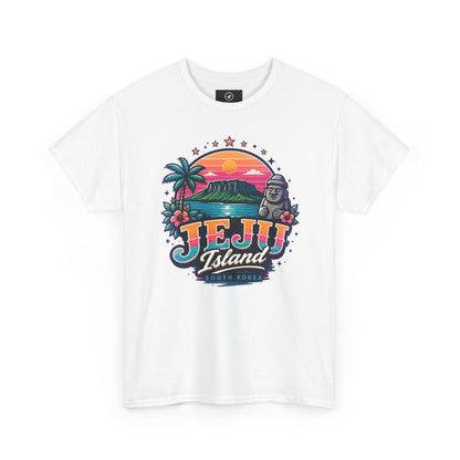 White crew-neck t-shirt with colorful 'JEJU Island' front graphic