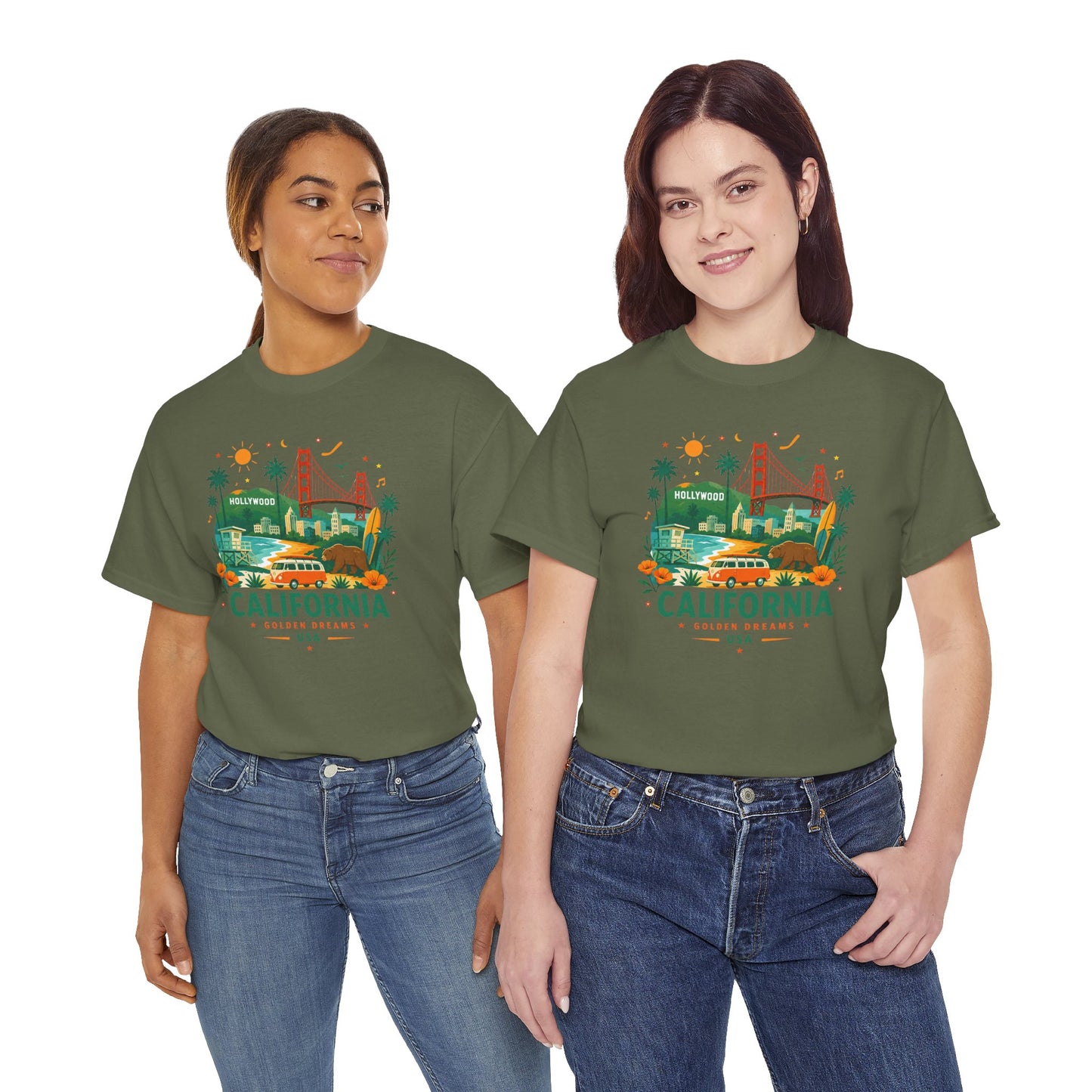 Olive green T-shirt with colorful California city graphic, paired front view.