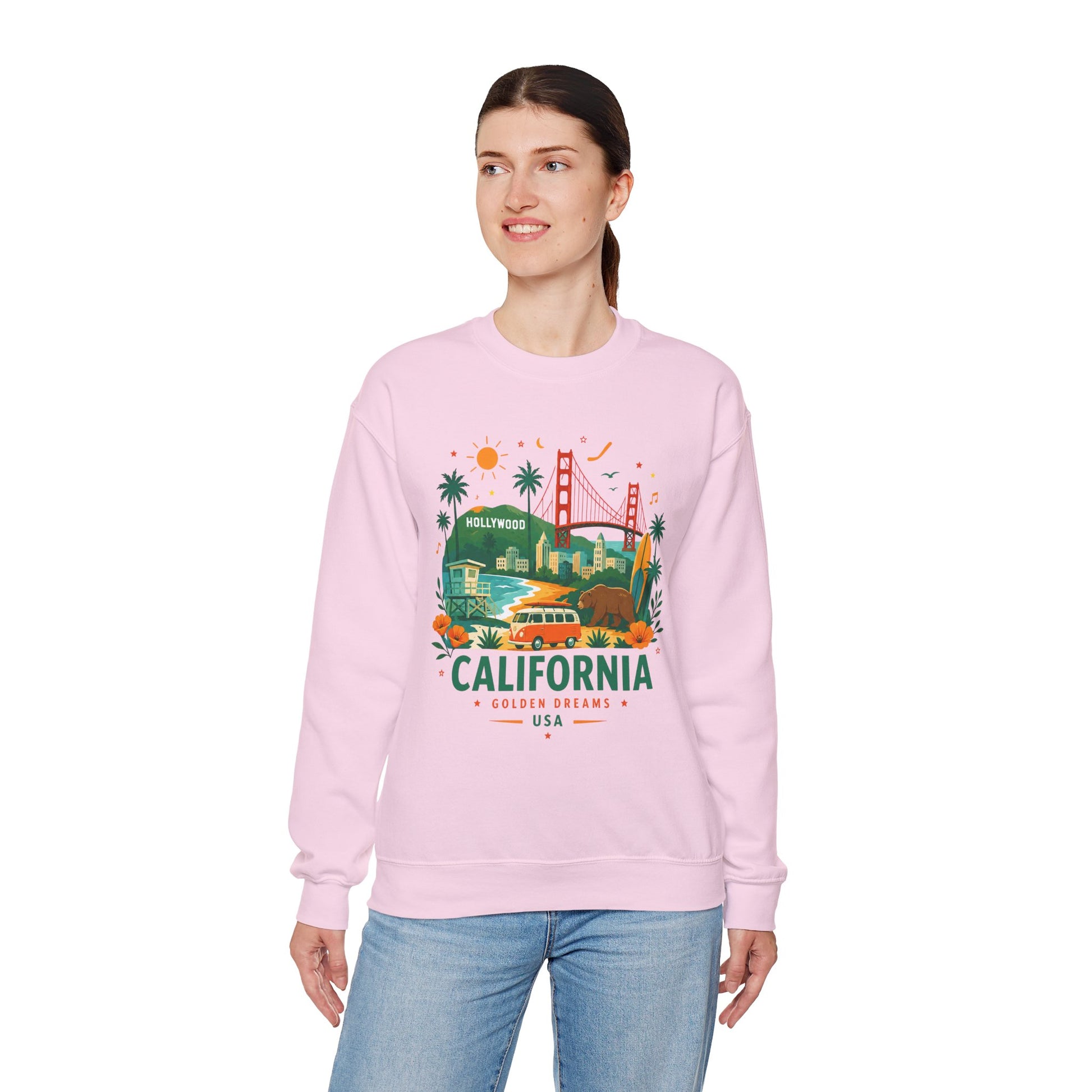 Light pink crewneck sweatshirt with colorful California graphic on the front.