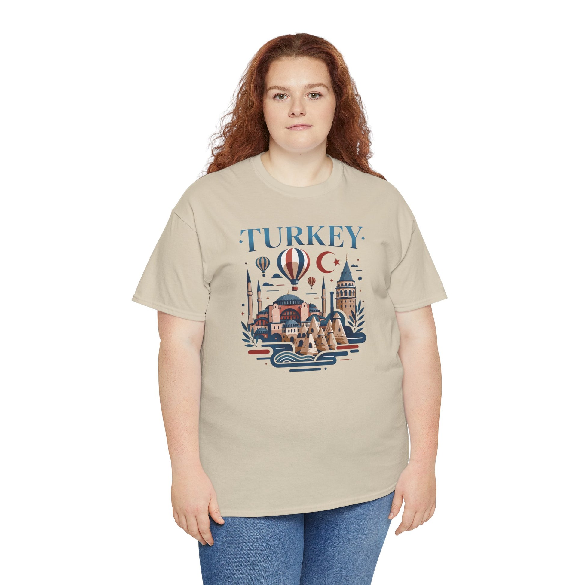 Natural Turkey themed T-shirt with hot air balloons over skyline and crescent moon