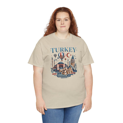 Natural Turkey themed T-shirt with hot air balloons over skyline and crescent moon