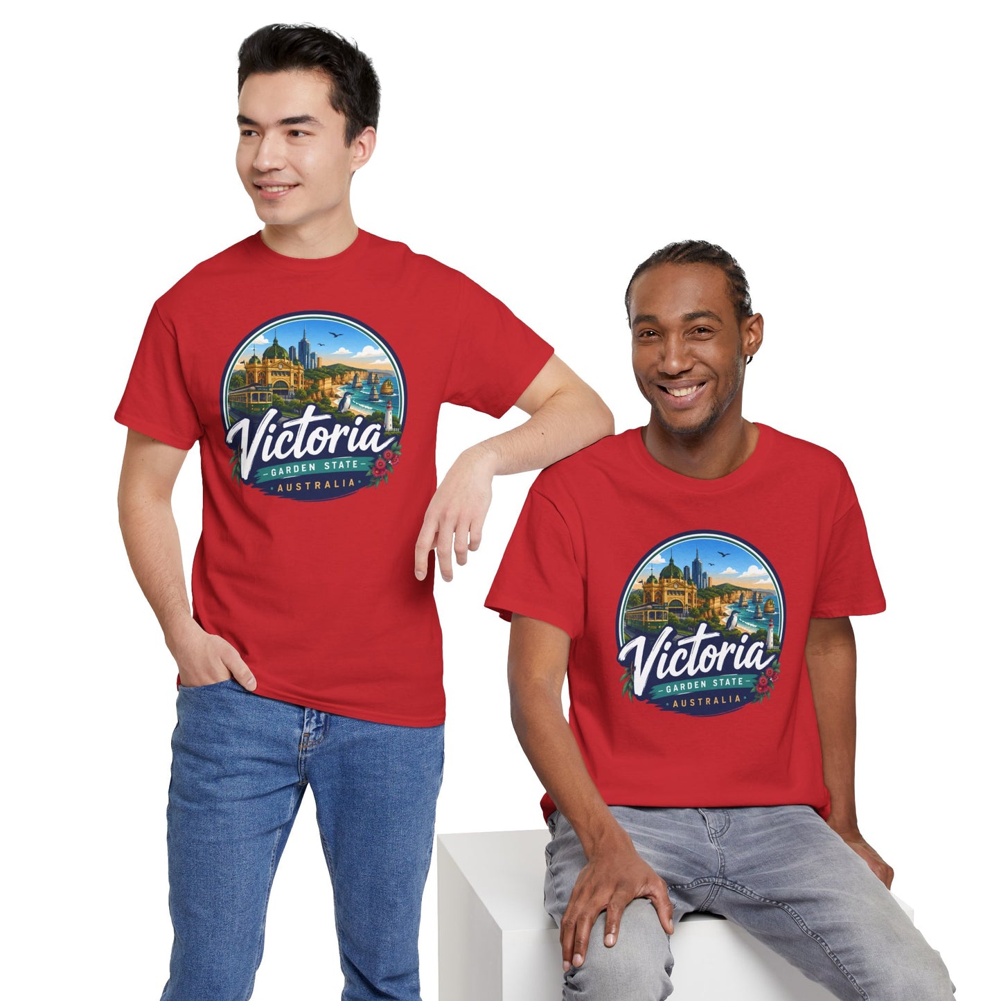 Red crew-neck travel T-shirt with circular Victoria graphic on chest
