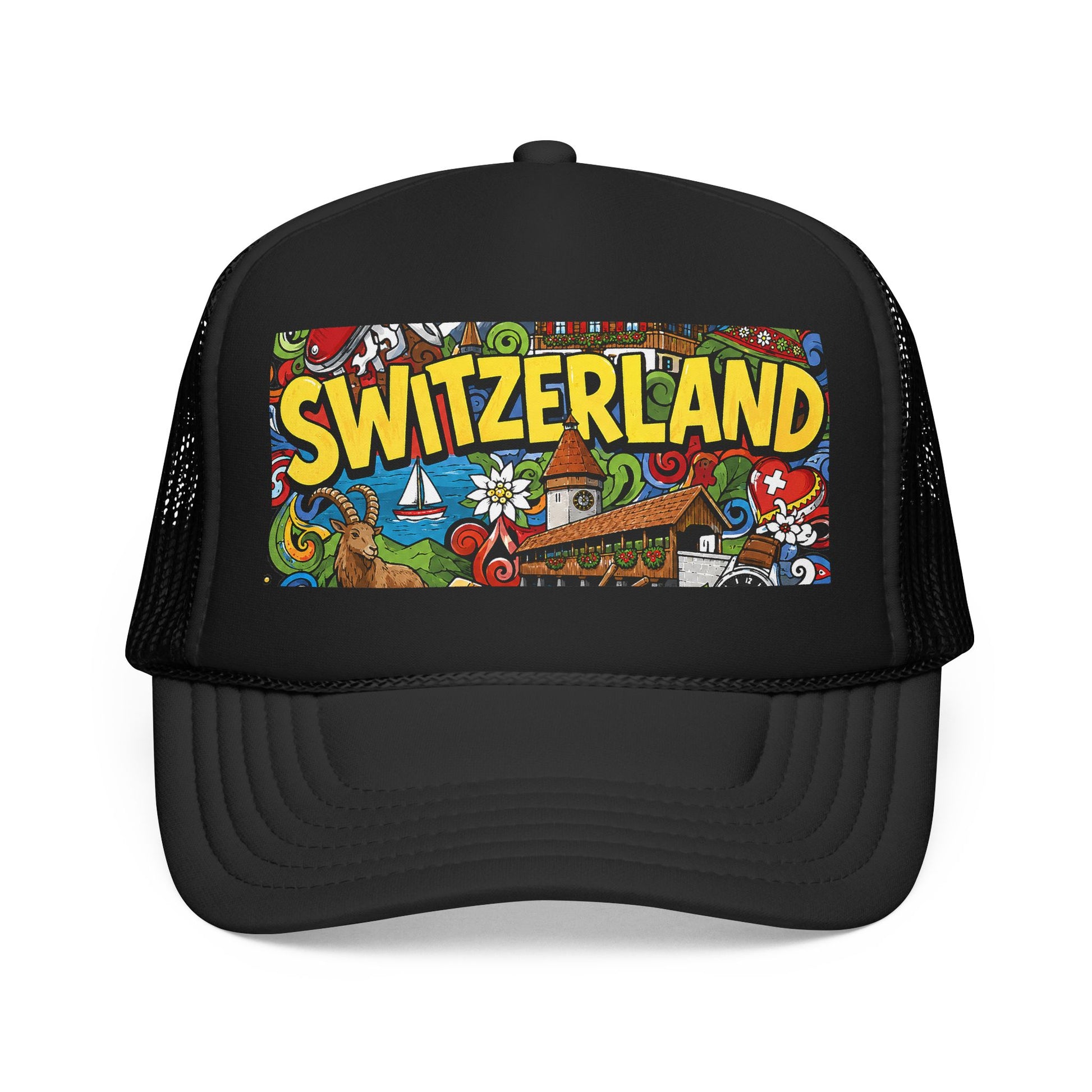 Black trucker hat with colorful Switzerland front graphic and black mesh sides