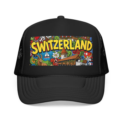Black trucker hat with colorful Switzerland front graphic and black mesh sides