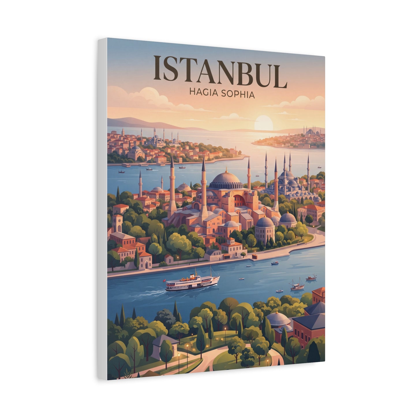 Vertical matte canvas wall art of Istanbul skyline with Hagia Sophia domes and harbor