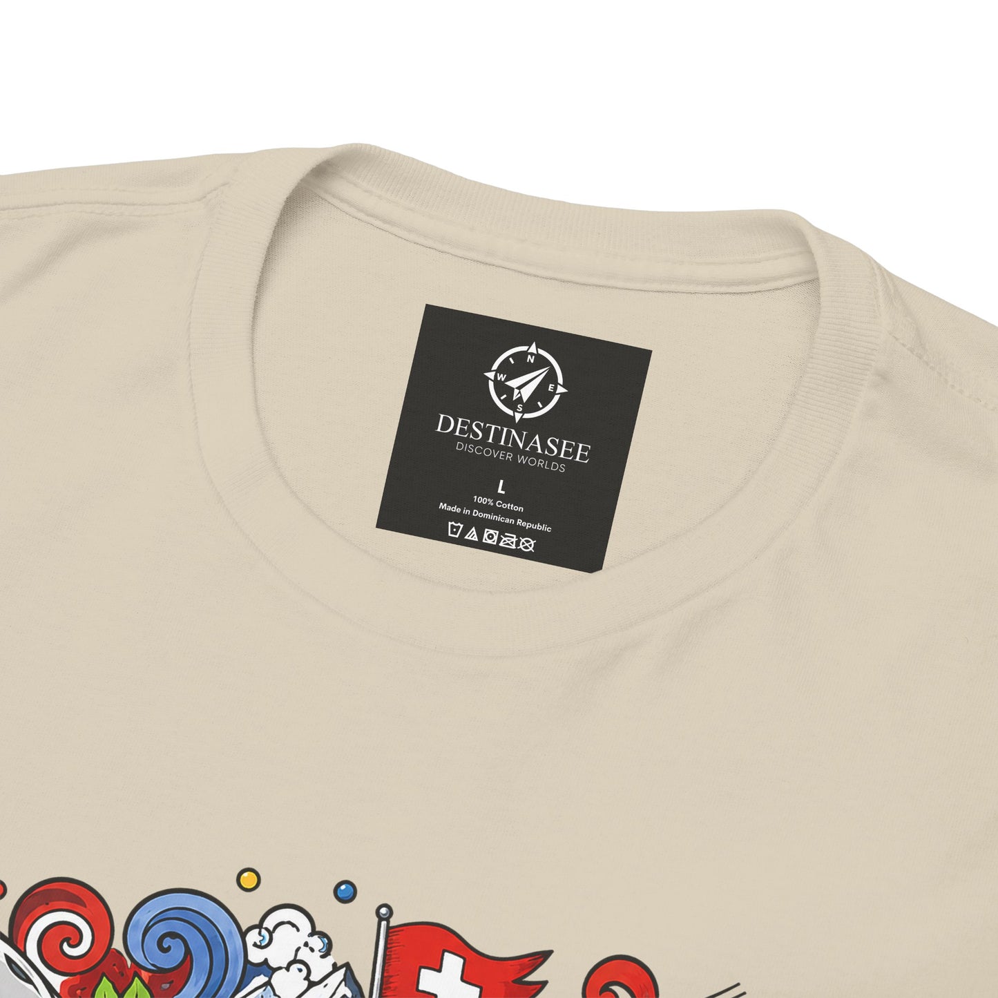 Natural crew-neck T-shirt with small black chest logo label