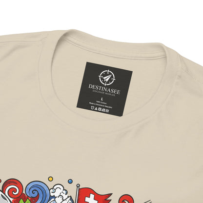 Natural crew-neck T-shirt with small black chest logo label