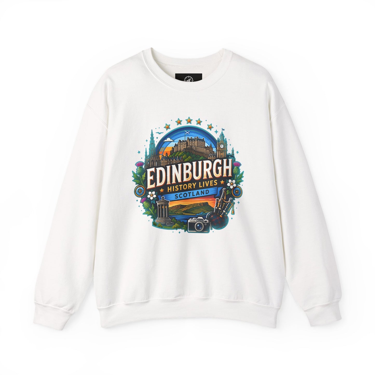 White crewneck sweatshirt with front printed Edinburgh graphic logo