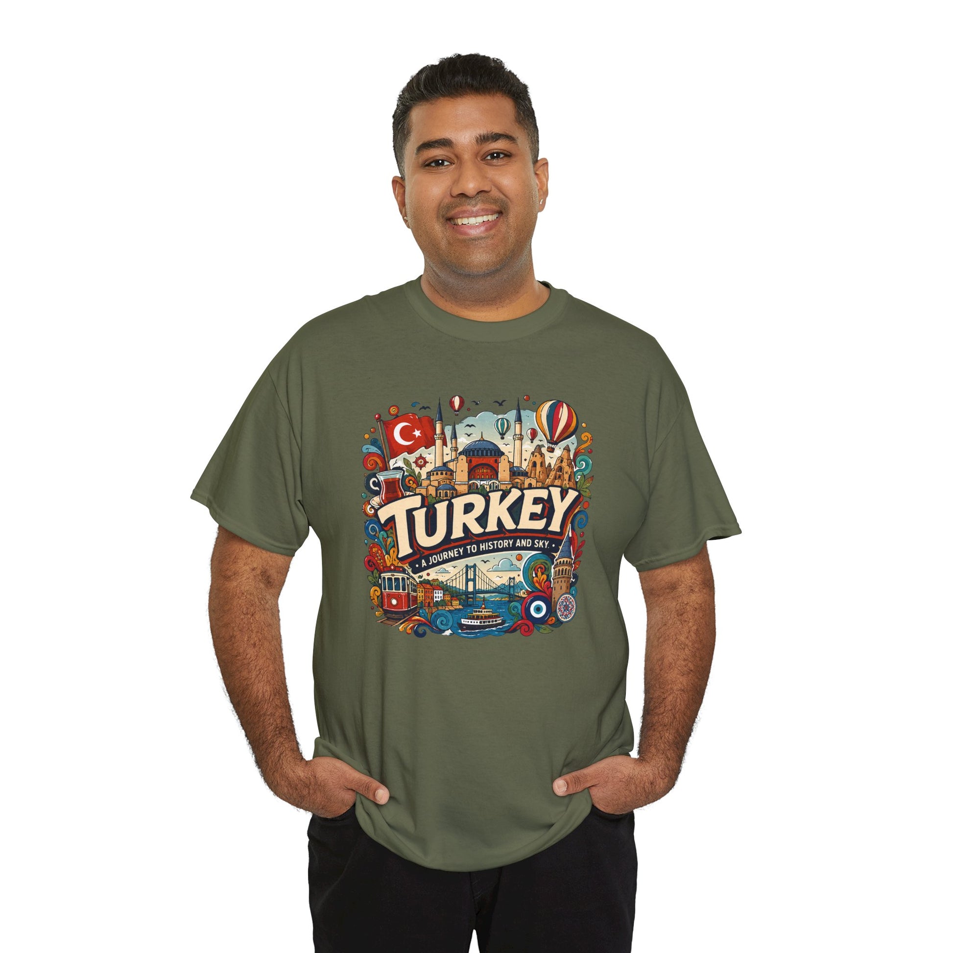Olive green Turkey graphic t-shirt on man, front print with illustrated Turkey scene