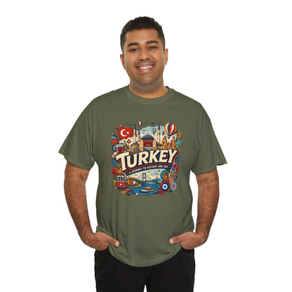 Olive green Turkey graphic t-shirt on man, front print with illustrated Turkey scene