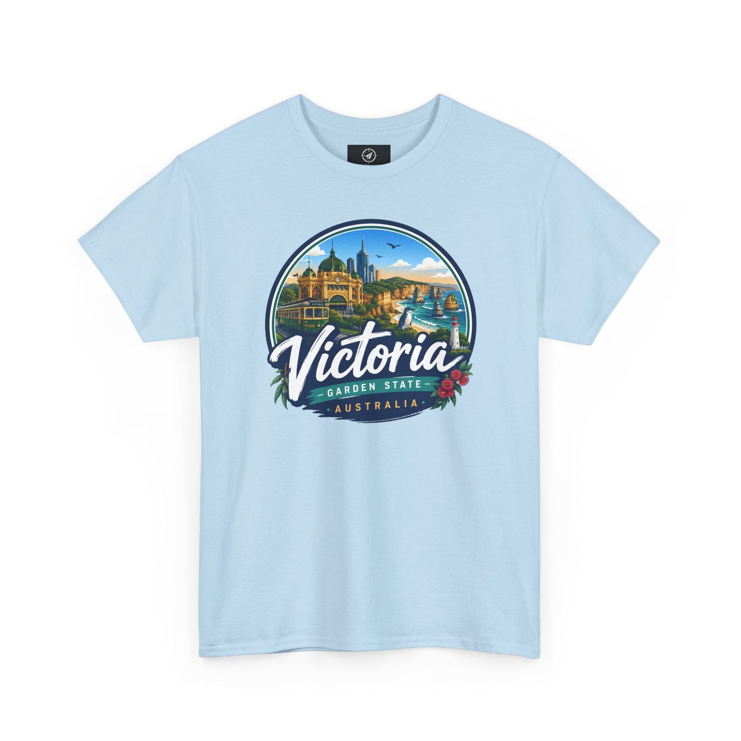 Light blue travel tee with Victoria graphic logo on the chest