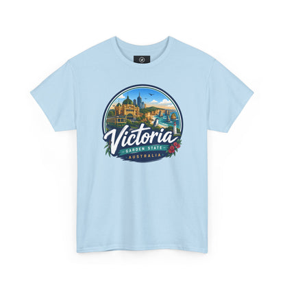 Light blue travel tee with Victoria graphic logo on the chest