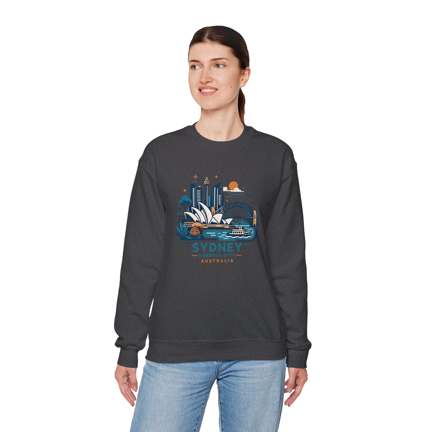 Dark heather crewneck sweatshirt with front Sydney harbor graphic print