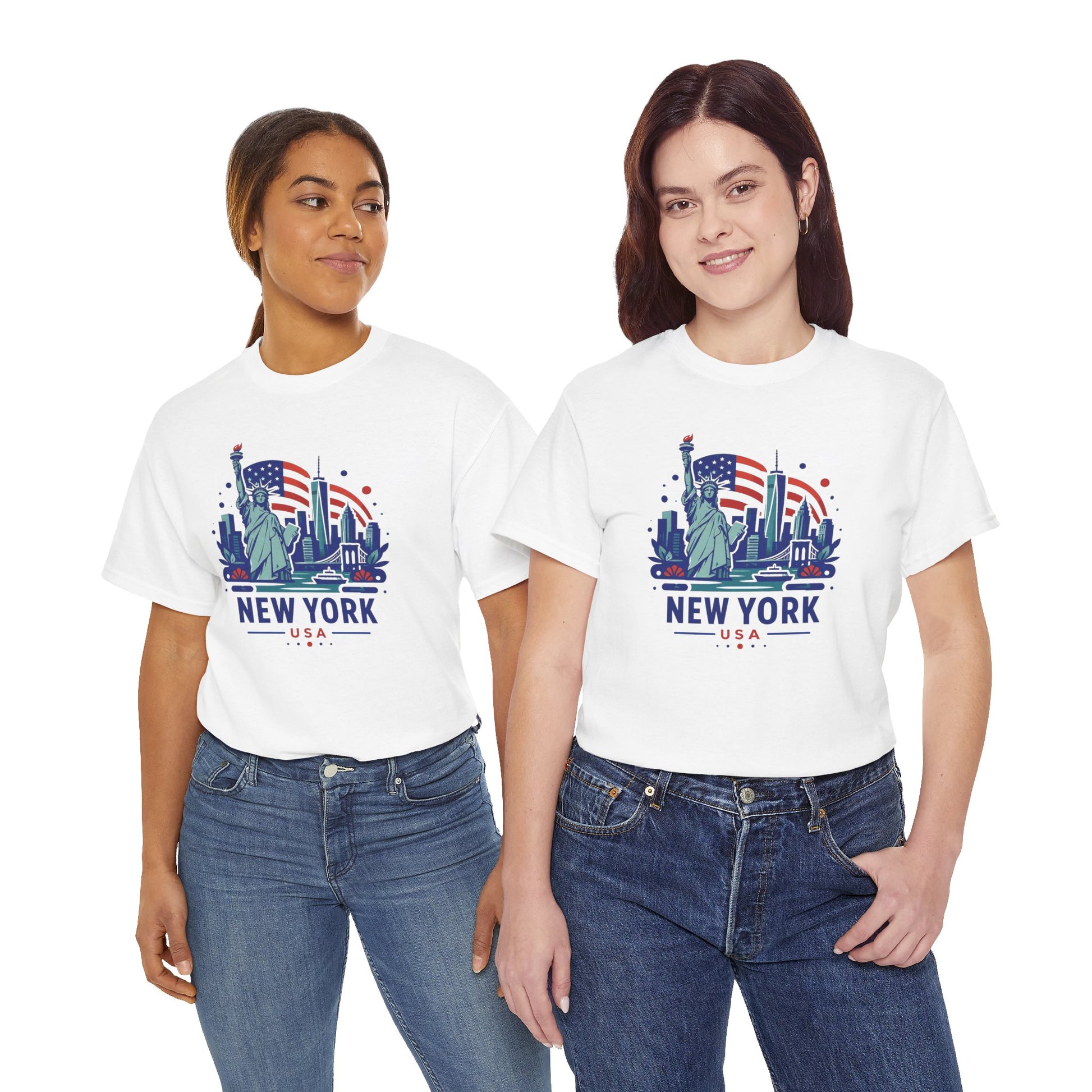 White T-shirt with Statue of Liberty and skyline graphic, worn by two women