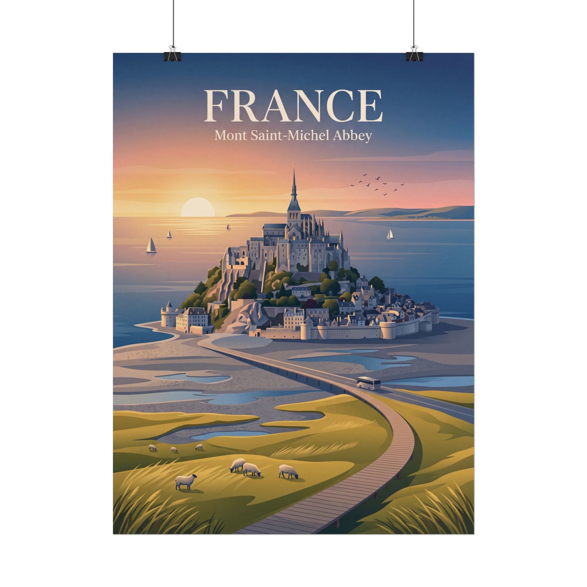 France travel poster featuring Mont Saint-Michel Abbey with coastal dunes and 'FRANCE' text